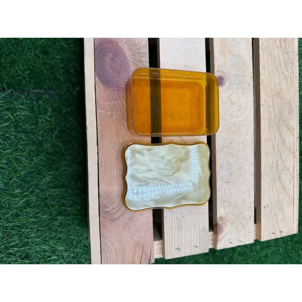 Vintage Art Deco Amber Celluloid Trinket Box-4x3x1-Pearlescent MOP Lid